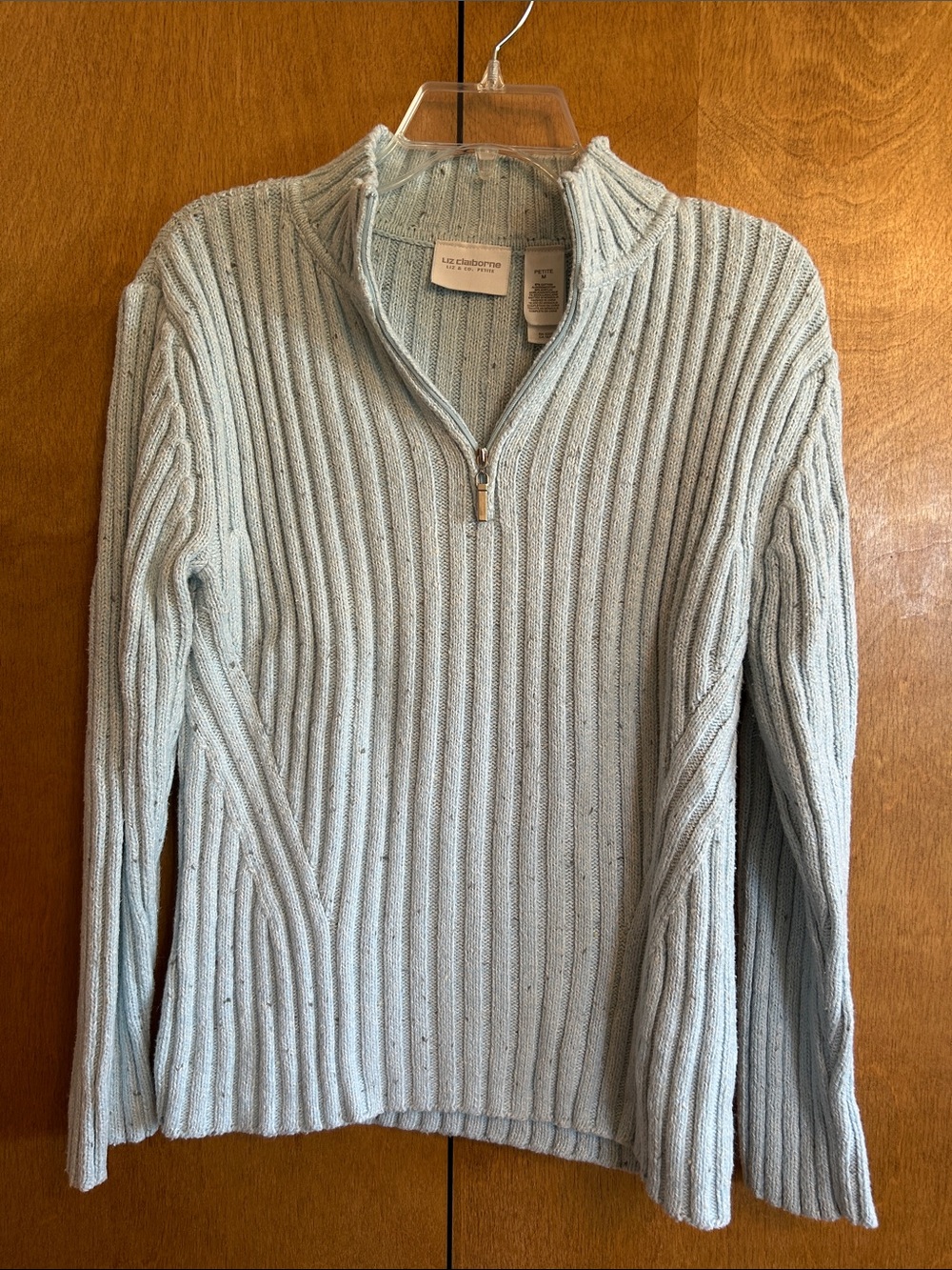 Liz Claiborne Pale Blue Ribbed Quarter-Zip Sweater